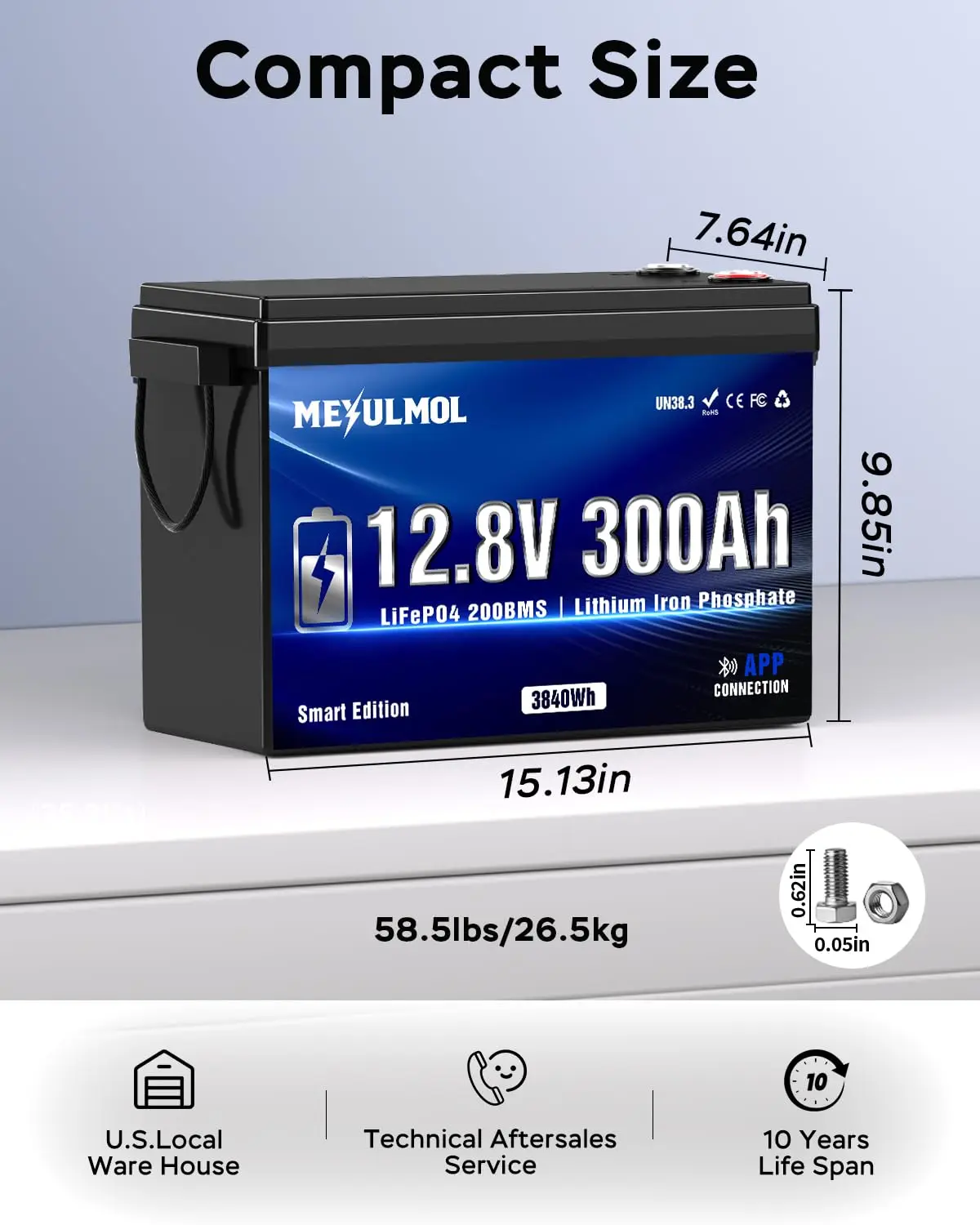 12V 300Ah LiFePO4 Battery, 200A BMS, 15000+ Cycles, 3840Wh Low-Temp Protection for RV Marine Solar Camping, Customized