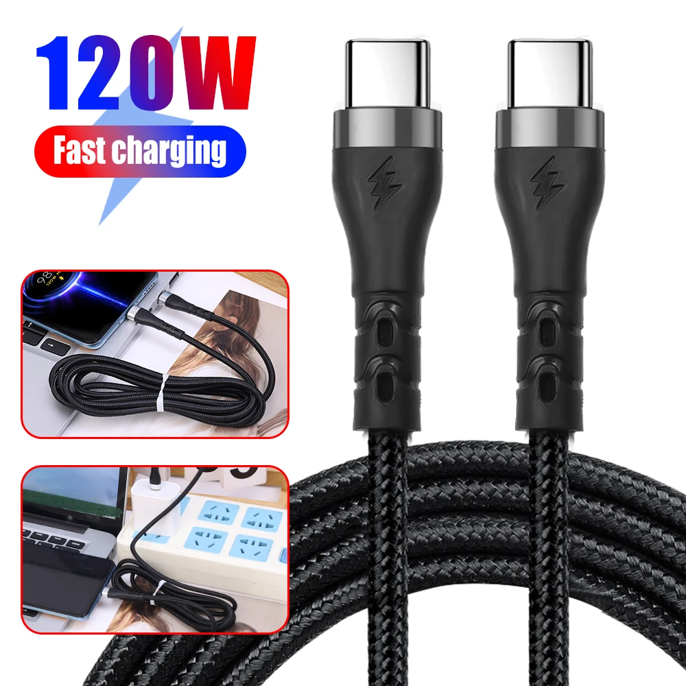 Dual Tipo C para Cabo USB C, Cabo de carregamento rápido, Cabo carregador para Macbook, Xiaomi, Samsung, iPhone 15 Pro Max, Plus, 120W, 6A PD