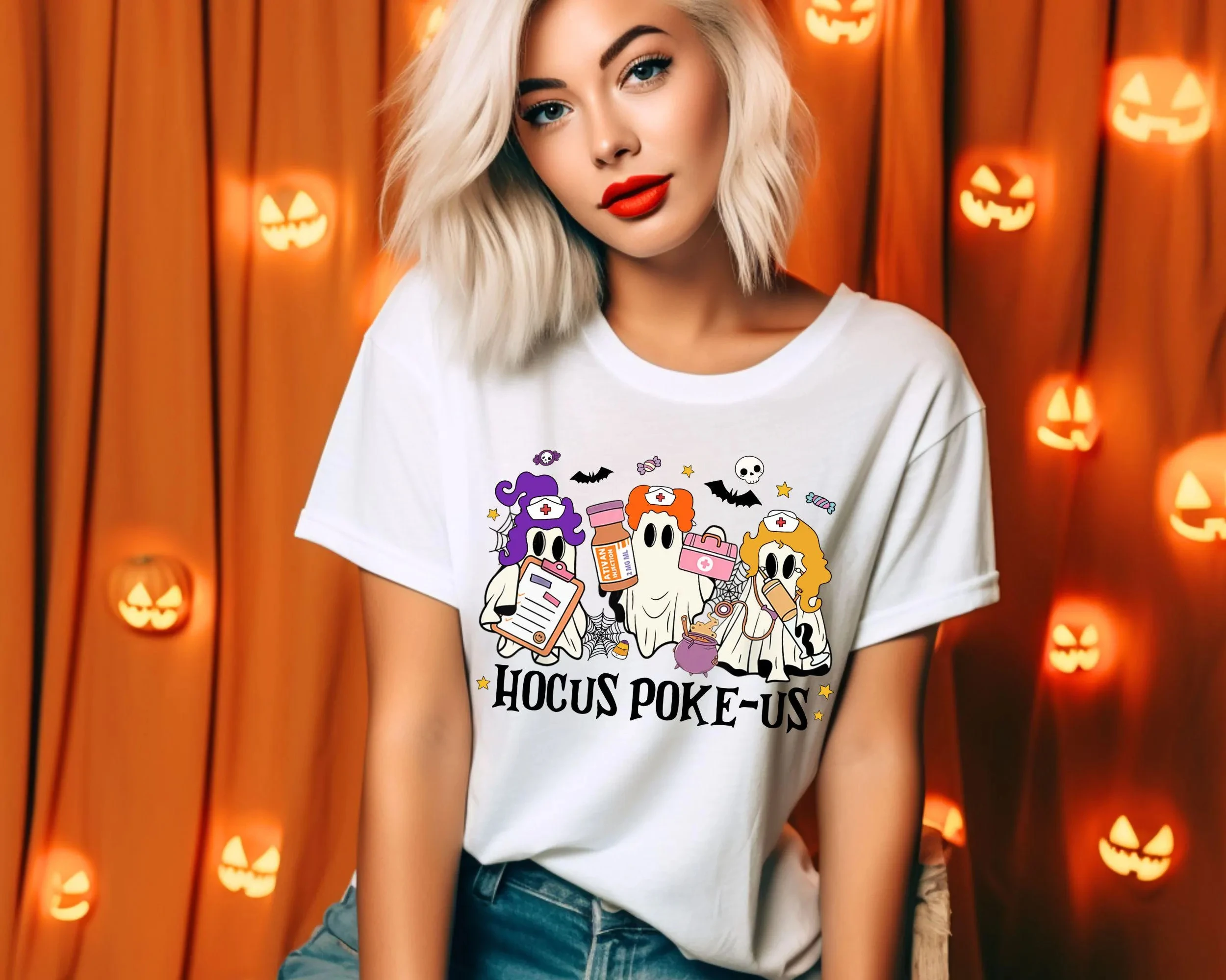 Hocus Poke-us الساحرة ممرضة هالوين قميص مختبر طبي التكنولوجيا هالوين قميص ER طاقم قميص مخيف الصحة المهنية قميص #1