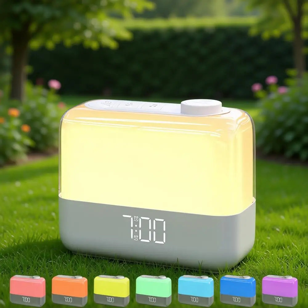 

Digital Alarm Clock, Wake-up Light, RGB Night Light, 9-Mins Snooze, 6 Sounds, 7 Volume, Rechargeable, Dual Alarms for Heavy Slee