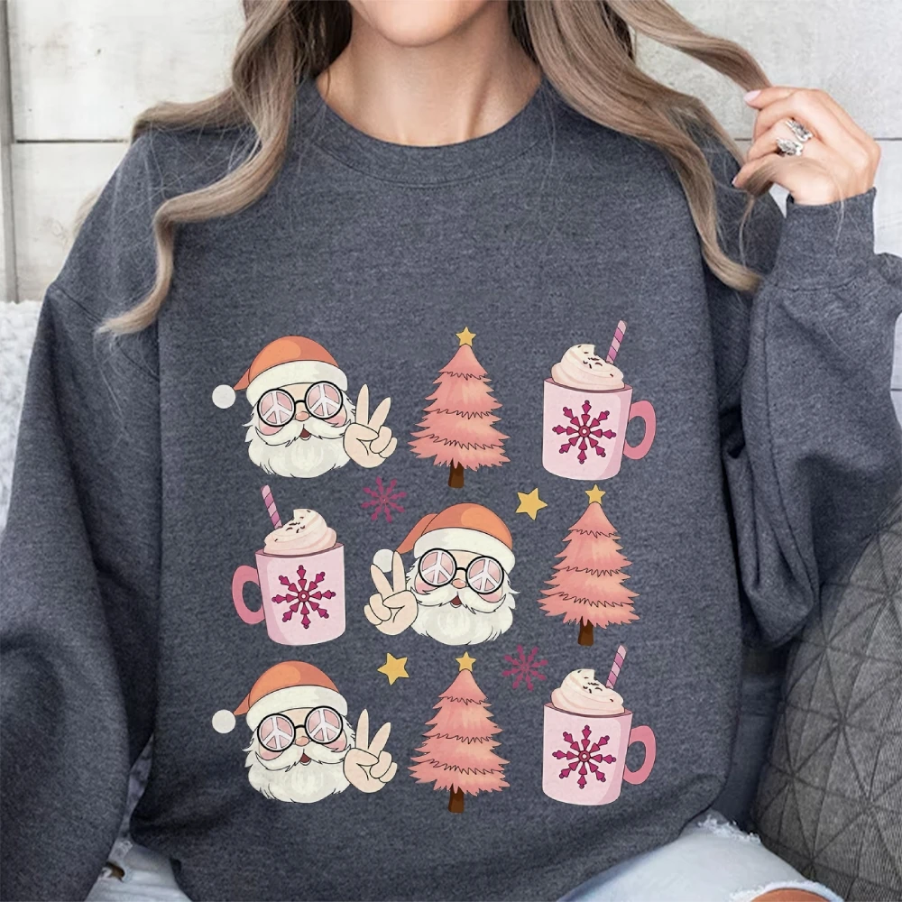 Ladies Cotton Hoodie Sweater Christmas Style Santa Pine Graphic Print Chic Loose Shoulder New Trend Crew Neck Sweatshirt