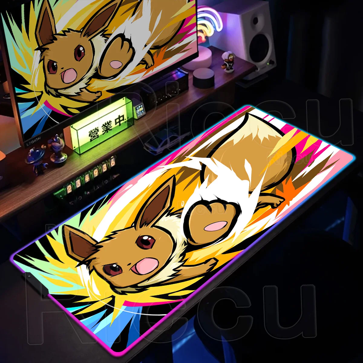 

RGB E-Eevee Family Luminous LED Large Kawaii Anime XXL Mouse Pad Anti-Slip Keyboard Setup P-Pokemon Gaming Accessories Desk Mats
