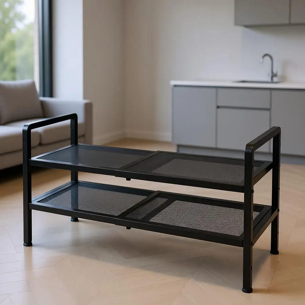 

Двухуровневая регулируемая полка для обуви для прихожей, компактный металлический органайзер для хранения в небольших помещениях и общежитиях