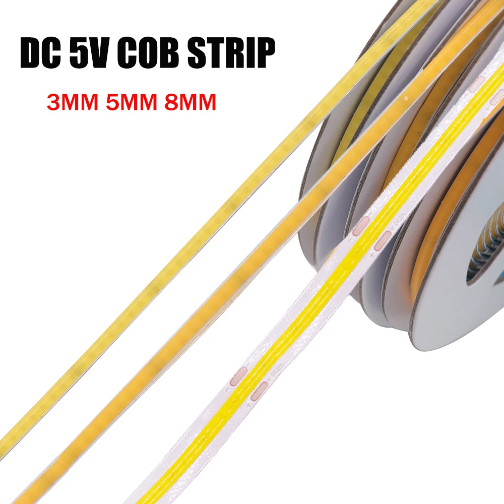 

3mm 5mm 8mm Width LED Strip DC 5V COB LED Strip Light 320LEDs High Density Linear Light White/Warm/Green/Ice blue/Pink/Yellow