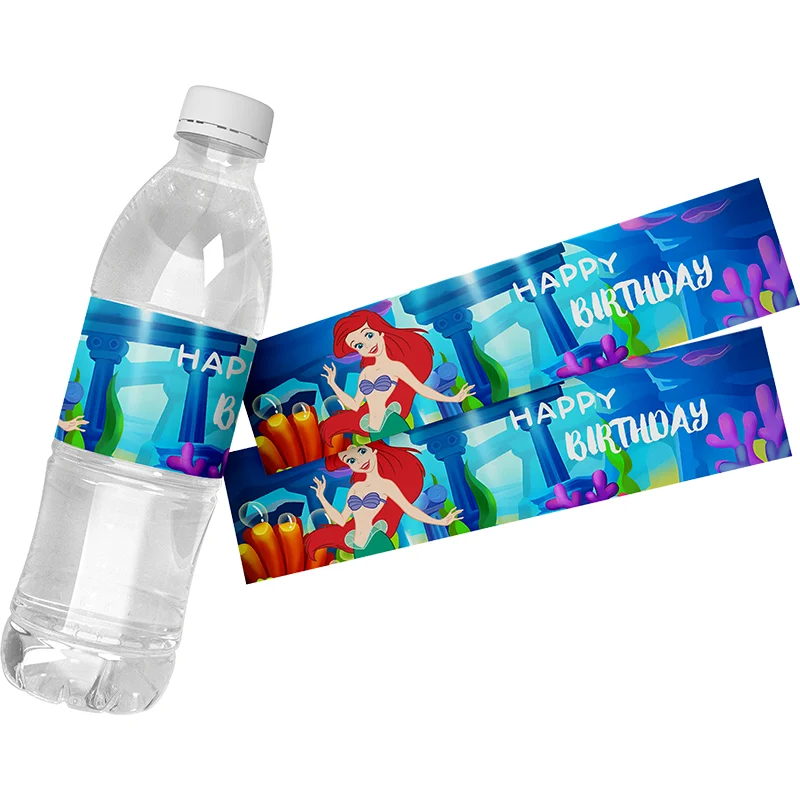 The Little Mermaid Mineral Water Bottle Custom Label Sticker Happy Birthday Water Bottle Wrappers Kid Birthday Party Decor 24Pcs