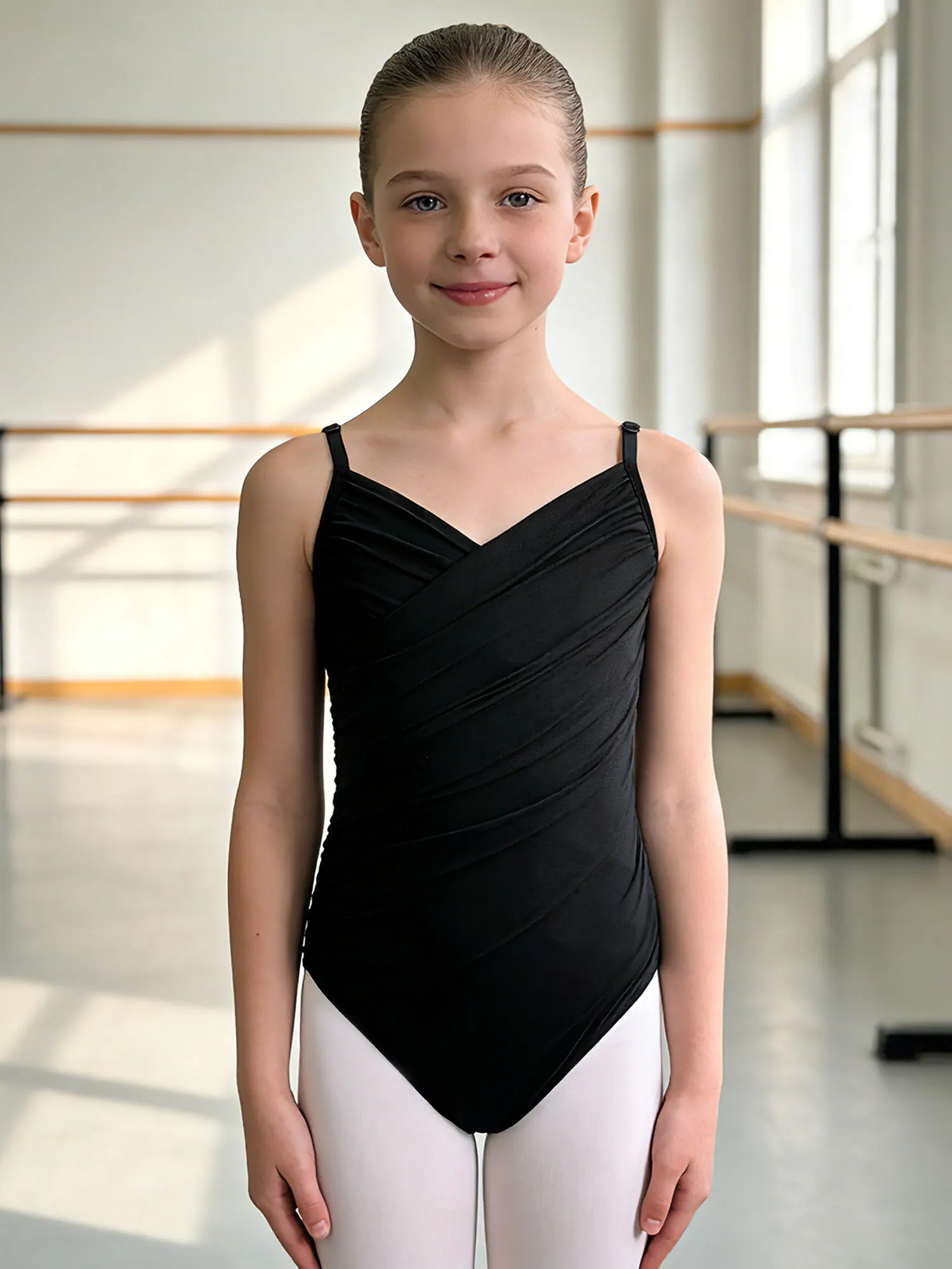 

Kids Girls Ballet Leotard Adjustable Spaghetti Straps Ruched Mesh Ballerina Dance Camisole Unitards Gymnastics Yoga Bodysuit