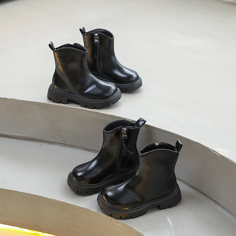 

Kids Black Leather Boots Spring Autumn Side Zipper Toddler Girl's Ankle Boots School Catwalk Causal Children Fashion Short Boots