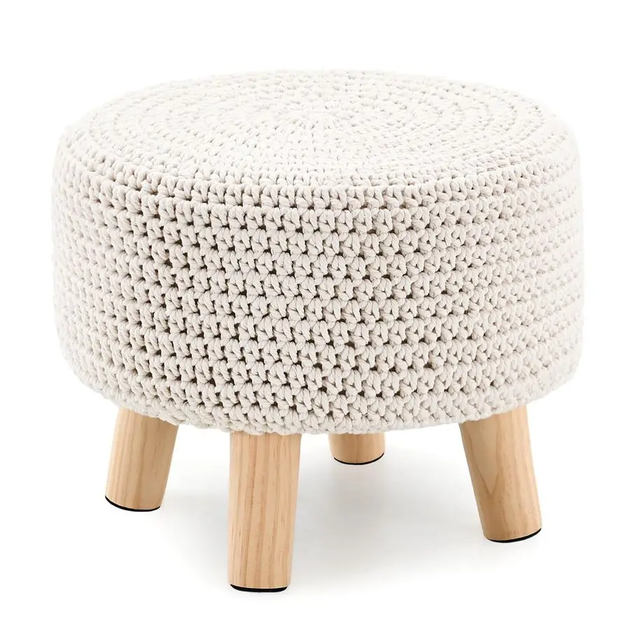 Ottoman Foot Stool Cotton Knitted Round Pouf Ottoman Foot Rest Stool with NonSkid Wooden Legs Step Stool Padded Seat for Living
