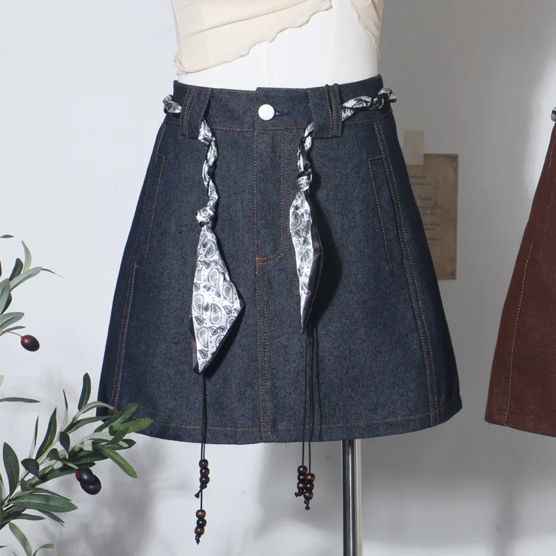 Foulard en soie sangle ceinture rétro taille haute jupe en jean Anti-lumière a-word jupe de hanche