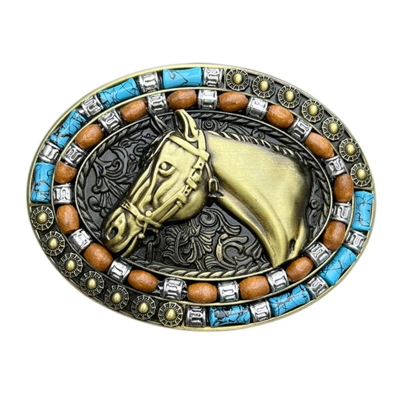 Cowboy Belt Buckle for Men Vintage Metal Engraving Horse Head Belt Buckle