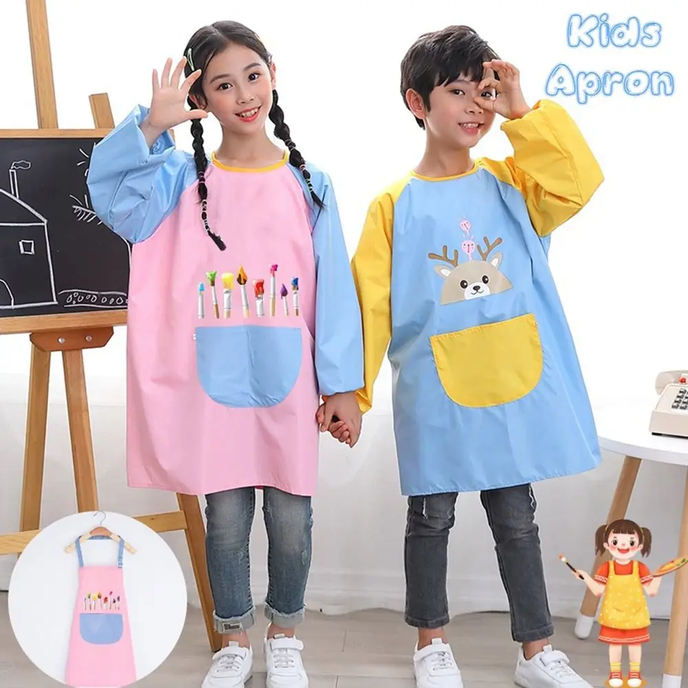 Cute Adjustable Painting Apron Cartoon Oil-Proof Art Apron Large Pockets Waterproof Cooking Apron
