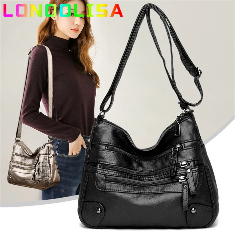 Bolsos de hombro de cuero suave de alta calidad para mujer, bolso cruzado clásico con bolsillos multicapa, bolsos de diseñador de lujo y monederos