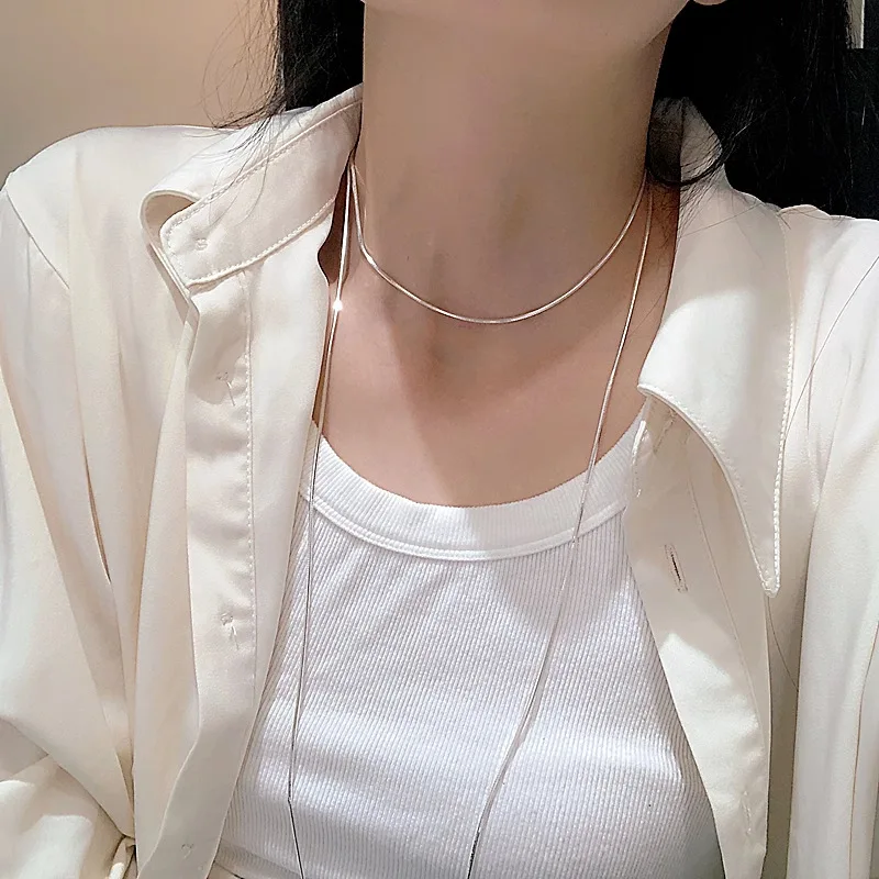 New 925 Sterling Silver Necklace Simple Charm Women's Sweater Chain Autumn and Winter Coat Choker Gift Exquisite Jewelry