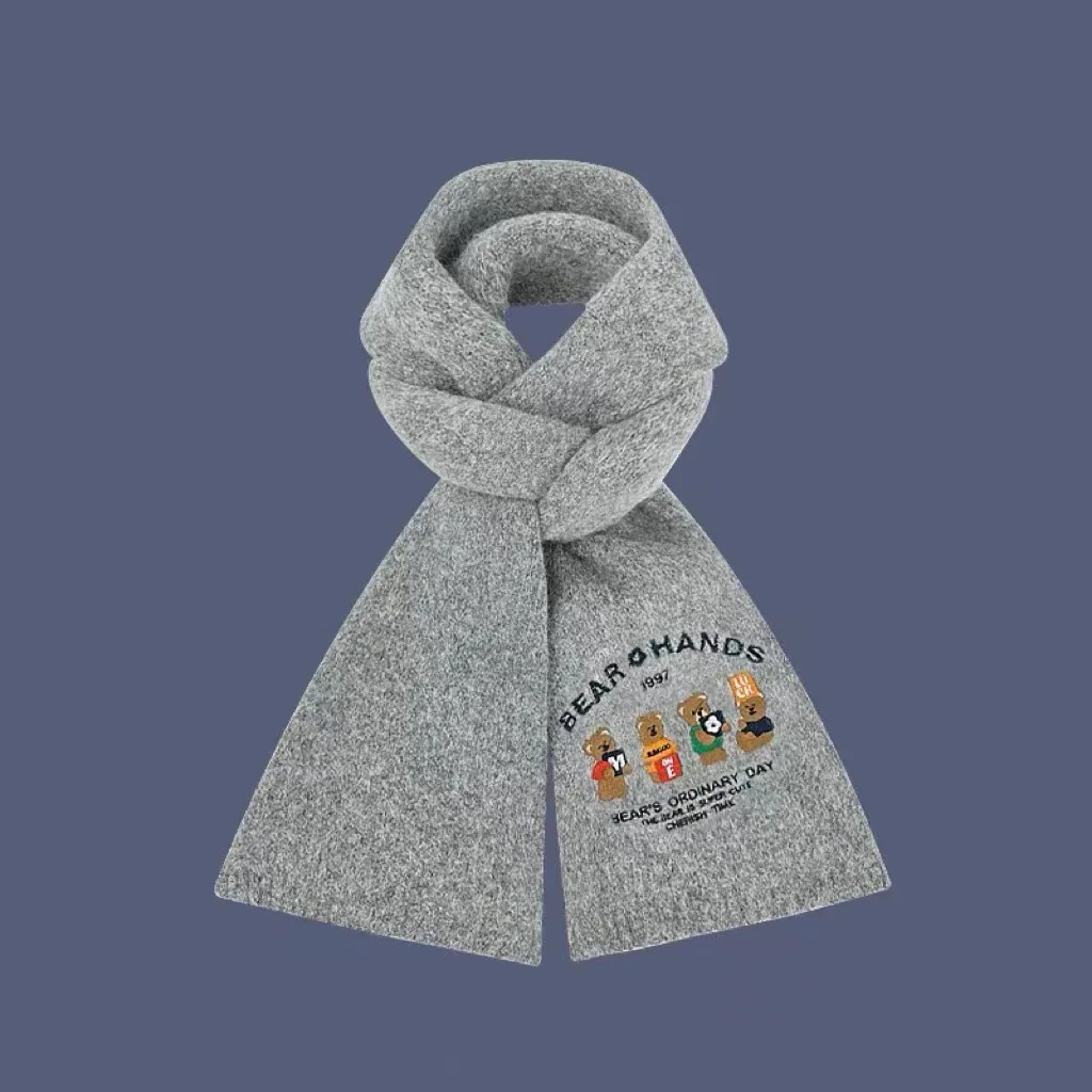 Women\'s Cozy Containing Wool Bear Embroidery Wool Scarf New Women\'s Winter Premium Feeling Warm Knitted College Style Scarf Lady