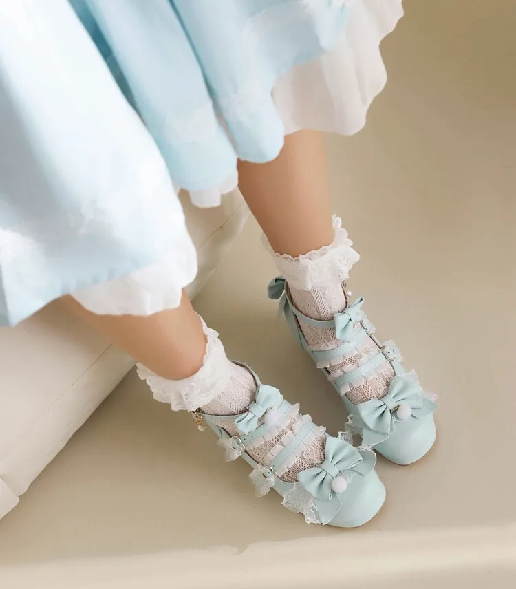 Sweet Lace Ruffled Girls Shoes Women High Heels Mary Jane Pumps Party Wedding White Pink Black Bow Princess Cosplay Lolita Shoes