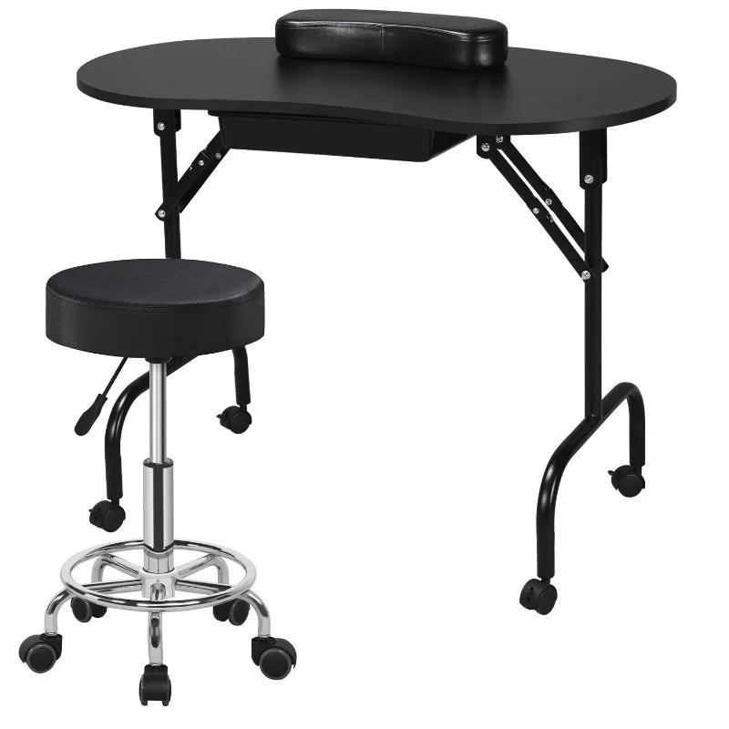 37-inch Foldable Manicure Table & Rolling Stool, Nail Desk Workstation w/Carrying Case/Wheels