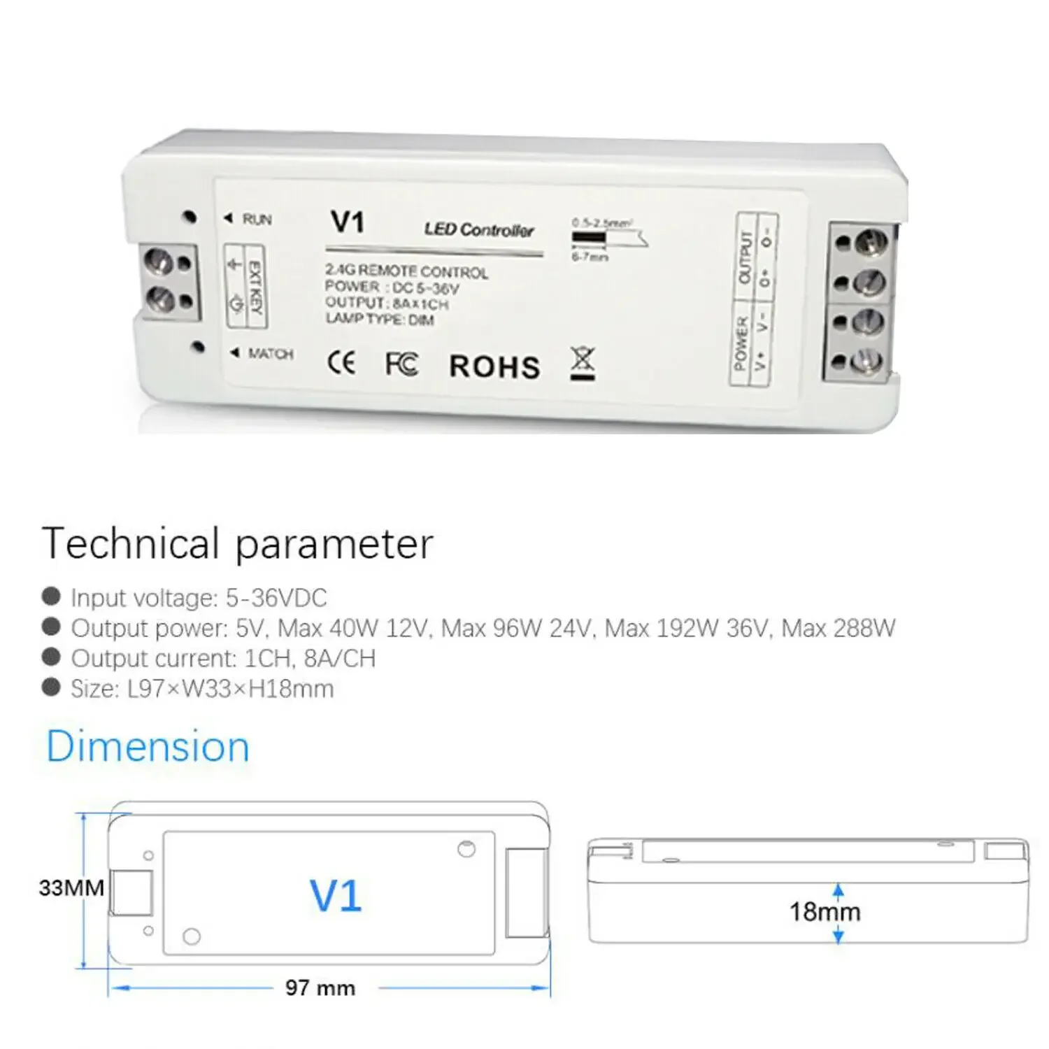 DC12V 24V 36V LED Dimmer PWM Wireless RF 2.4G Brightness Adjustment Touch Remote Controller Switch for Single Color LED Light V1