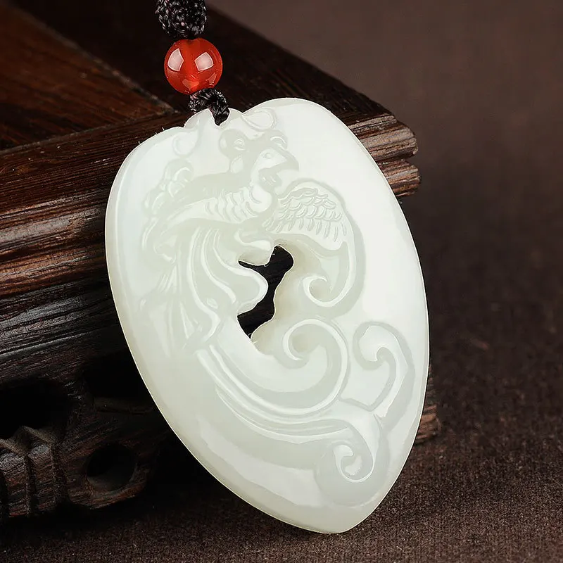 Natural hetian jade handcarved dragon phoenix pendant simple retro pendant temperament jewellery fashion for lovers