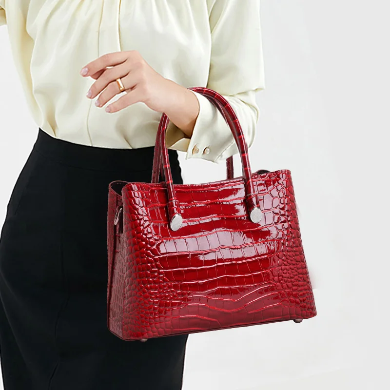 Aidrani Red Crocodile Embossed Cowhide Handbag, Light Luxury High-End Versatile Women Crossbody Tote Purse