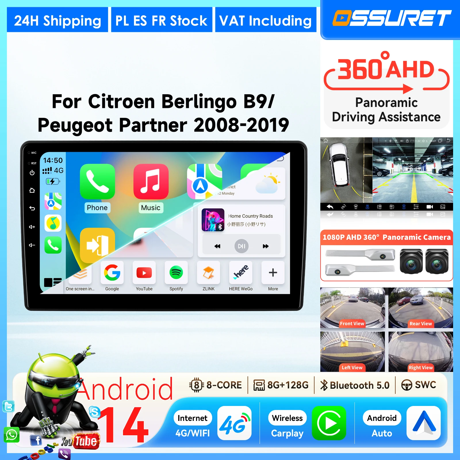 Radio de coche con Android Auto para Peugeot Partner Citroen Berlingo B9 2008 - 2019, reproductor multimedia estéreo inalámbrico con Carplay y GPS