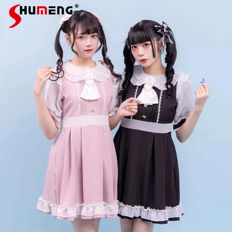 

Japanese Lolita College Style Dress Sweet Cute Bow Tie Wooden Ear Dresses Lace Trim Slimming Patchwork Pink Color Vestidos Mujer