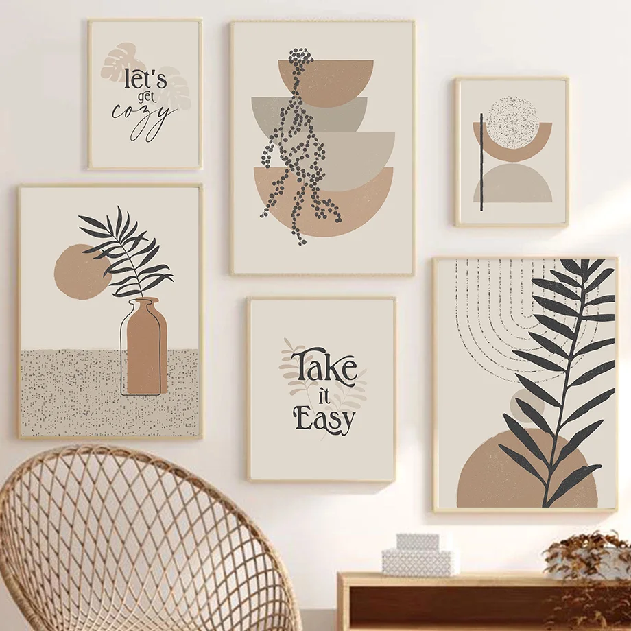 Boho Wall Art Minimalist Line Style Aesthetics Plant Collage Geometric Figure Poster Scandinavian and Bohemian Home Room Decor