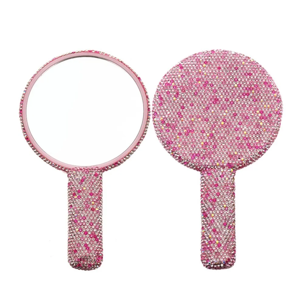 Cute Rhinestone Makeup Mirror Round Square Heart Shape Shiny Bling Cosmetic Hand Mirror with Handle Portable Handheld Mirror