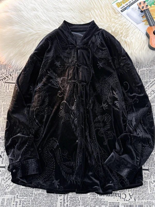

Autumn Men's Tea Ceremony Jacket Velvet Tai Chi Costume with Dragon Pattern Embroidery Loose Fit Long Sleeve Youth Fashion