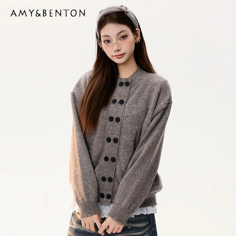 

American Retro Design Sweet Cool Knitted Cardigan Unisex 2025 Winter New Solid Color Stand Collar Loose Warm Coat Sweater Ladies