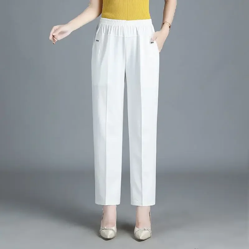 New Spring and Summer Fashion Simple Elastic High Waist Solid Casual Loose Oversized Women's Straight Barrel Haren Pants A735