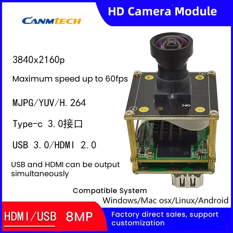 8MP 4K Type-C HD Camera Module USB3.0 &HDMI Dual Output 60 frames H.264 Free Driver