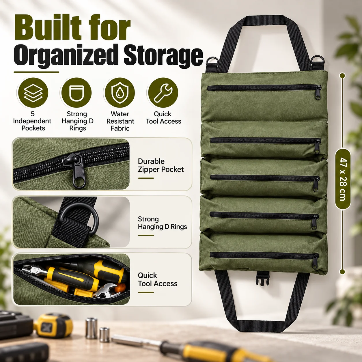 Heavy Duty Roll Up Tool Bag, Oxford Fabric Multi Tool Organizer for Mechanics Electricians Carpenters, Portable Garage Storage