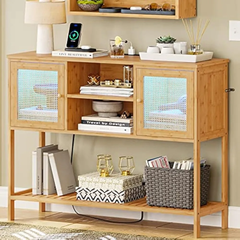 

Console Table with Outlets and USB Ports, 39.4'' Entryway Table with LED Lights, 2 Rattan Storage Cabinets and Open Shelves