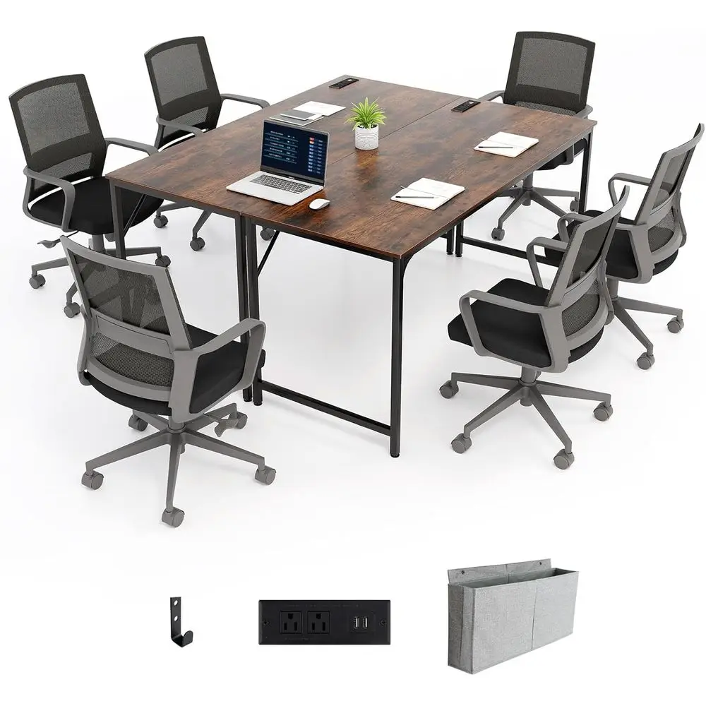 60 Inch Conference Table, Dual Boardroom Desks, Power Outlet, Storage, Coat Hook, Wide Surface, Seminar Furniture (Rustic Brown