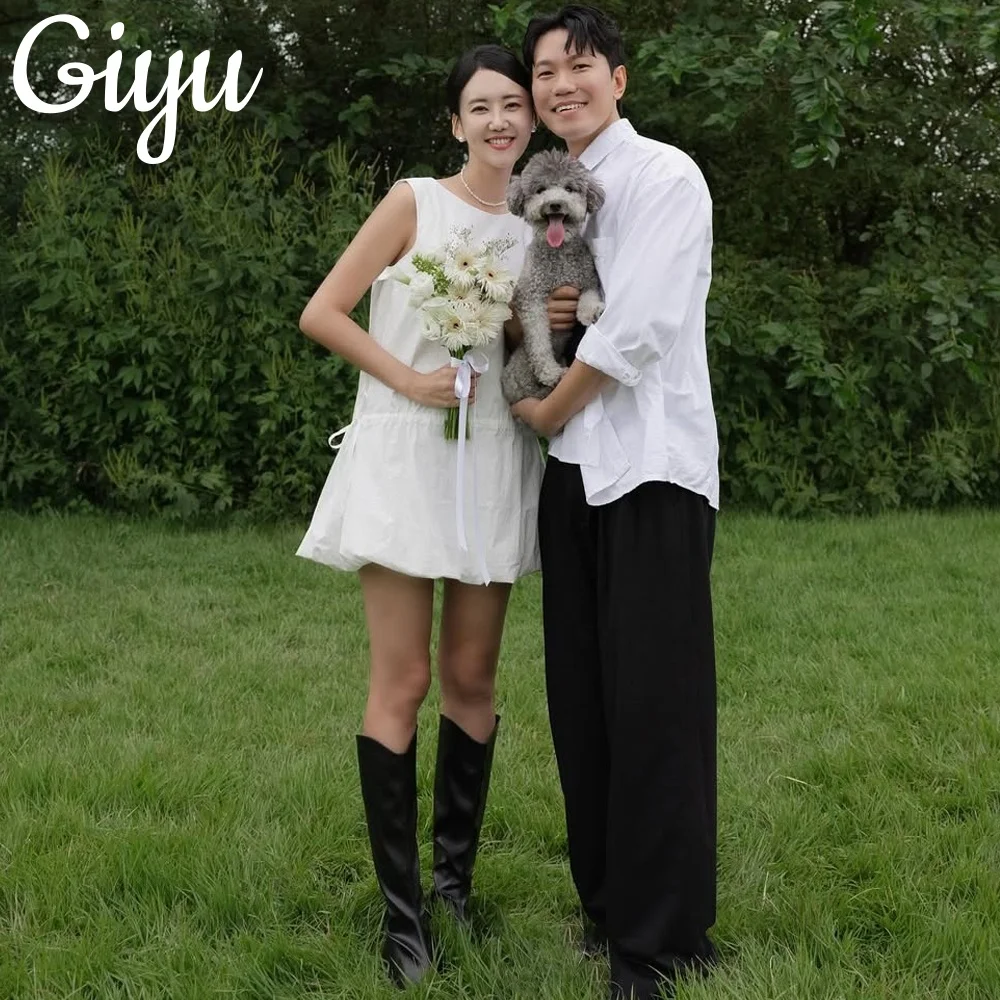 기유 고급스러운 A라인 짧은 웨딩드레스 O넥 웨딩드레스 태피터 소재 민소매 플리츠 브라이덜 가운 맞춤 제작 웨딩드레스