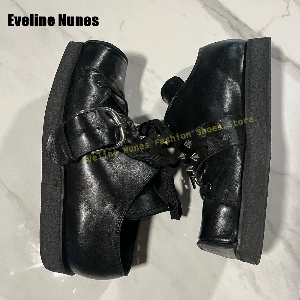 

2025 Casual Leather Shoes New Arrival Square Toe Belt Buckle Pumps Black Rivet Decoration Lace-Up Shallow Patchwork Couple Shoes