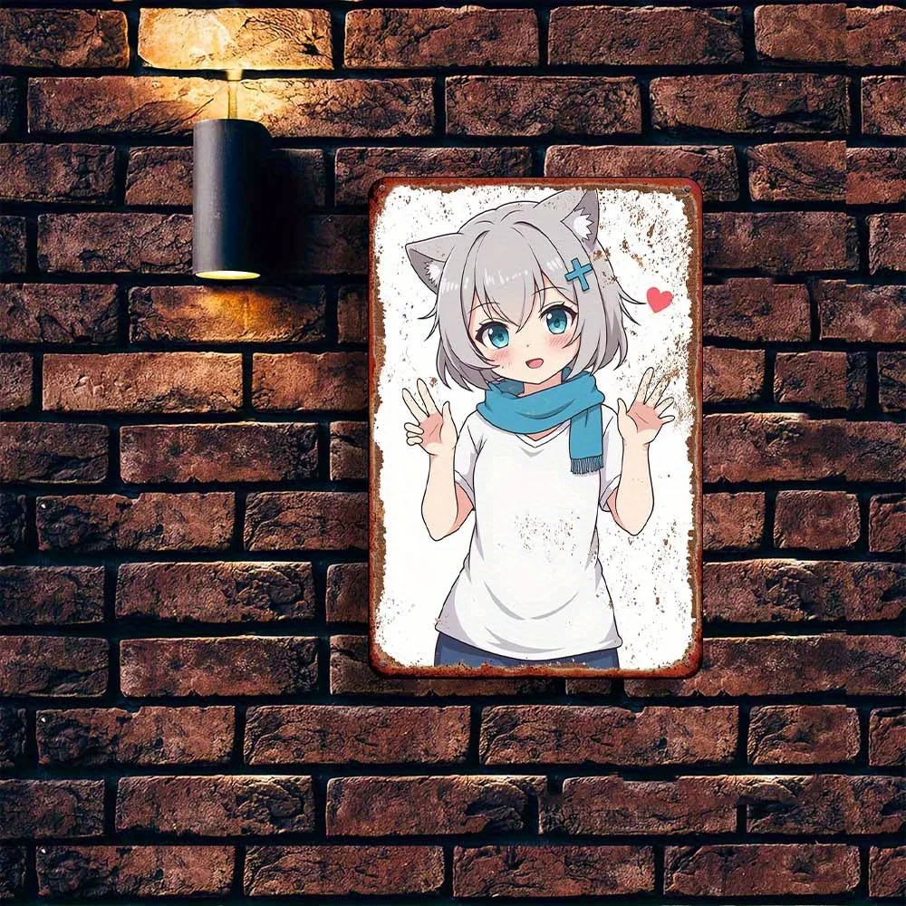 CIFBUY Grey Short Hair Cat Ear Anime Girl Metal Tin Sign Blue Scarf Cute Manga Art Iron Plaque Wall Decor