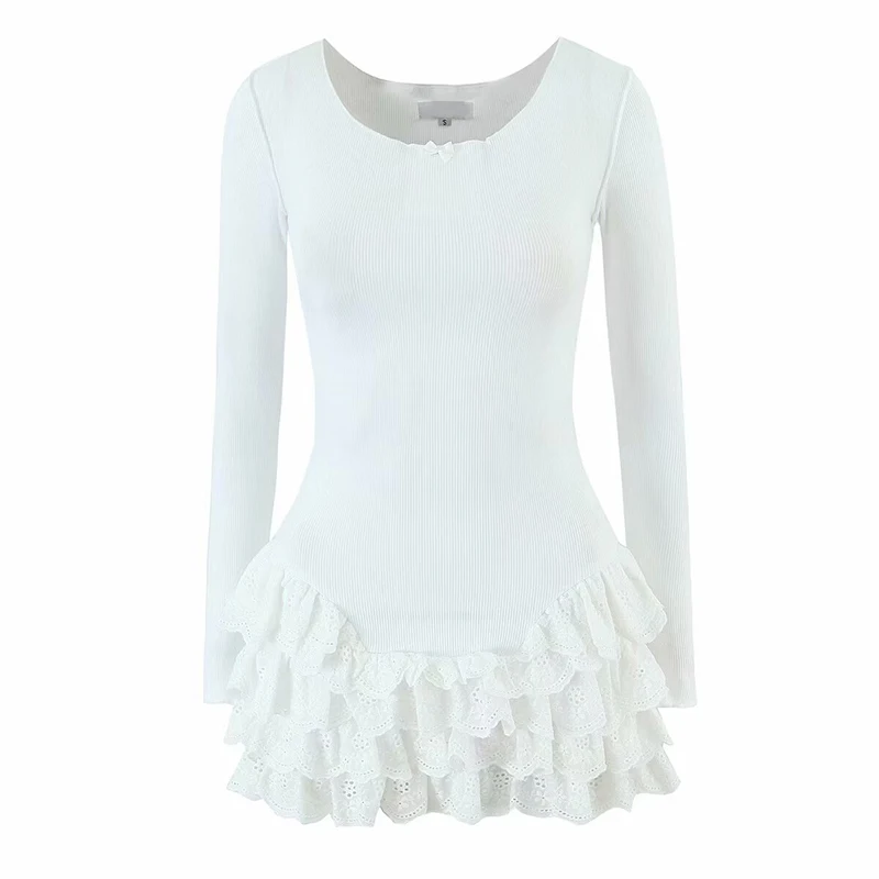 YENKYE 新しい女性フィットスリムホワイトニットミニドレス長袖 O ネックレーススプライシングレイヤードフリル T シャツドレス 2025 セクシーなローブ
