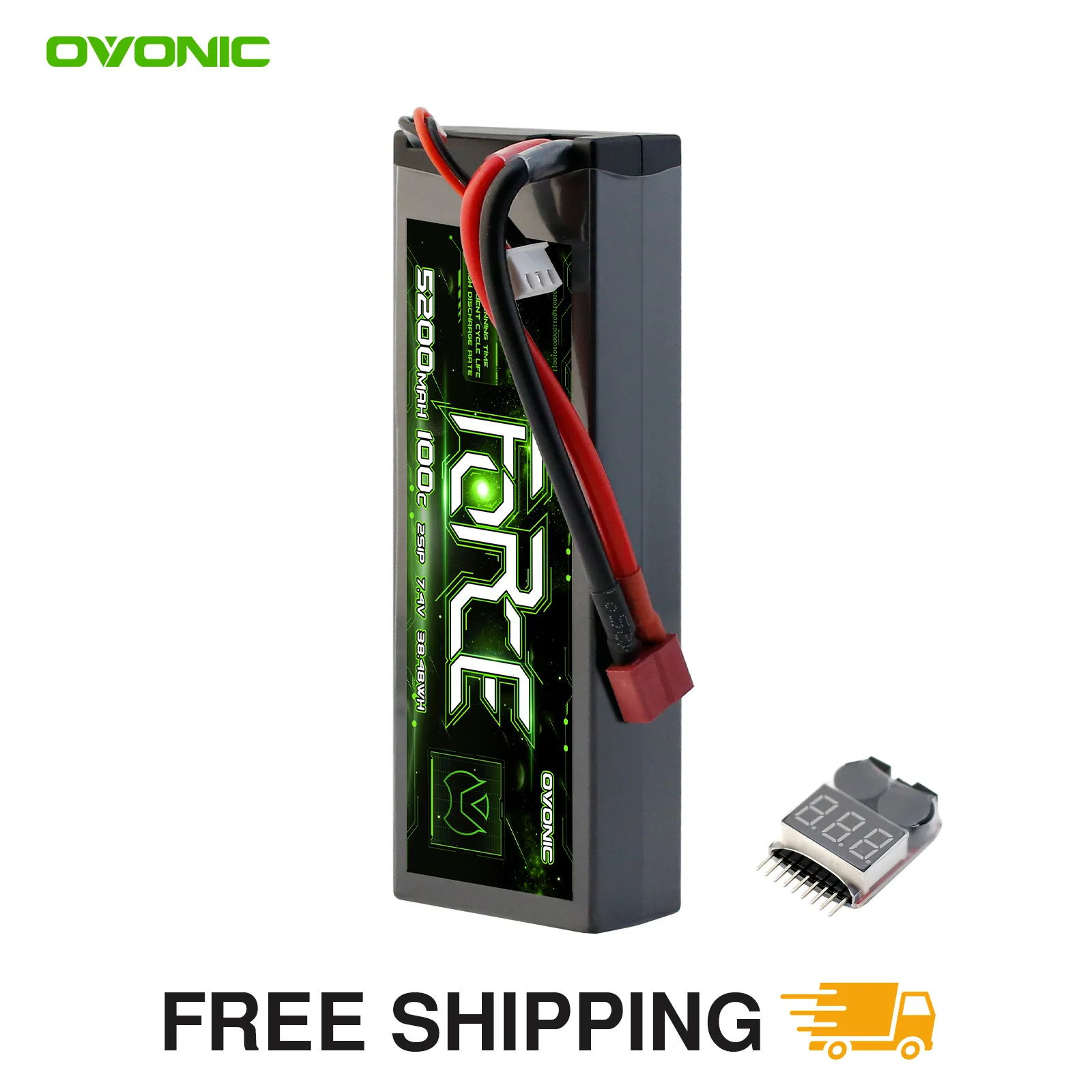 OVONIC Lipo Battery 7.4V 100C 5200mAh 2S Battery Dean-Style T Connector with Lipo Voltage Checker