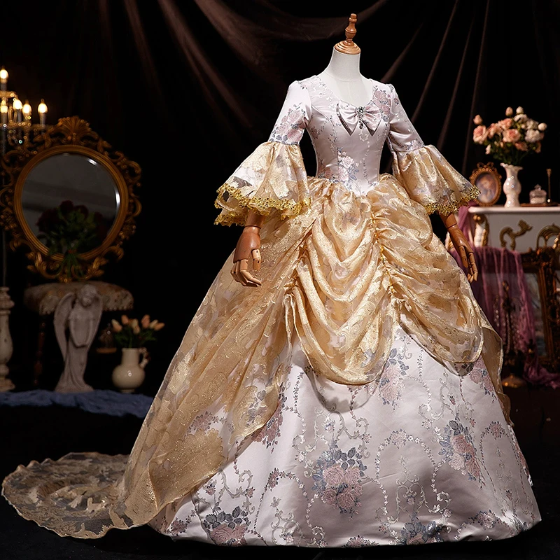 AnXin SH خمر الأميرة الذهبي الدانتيل زهرة الساتان الديكور القوس الأداء الخامس الرقبة مضيئة كم الكرة ثوب مخصص فساتين لحضور الحفلات الموسيقية