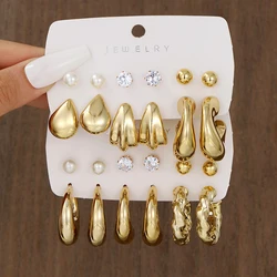 Vintage Classic Gold Plated C Shape Earring Set for Women Geometry Glossy Zircon Pearl Waterdrop Earring Fashion Jewelry Gifts