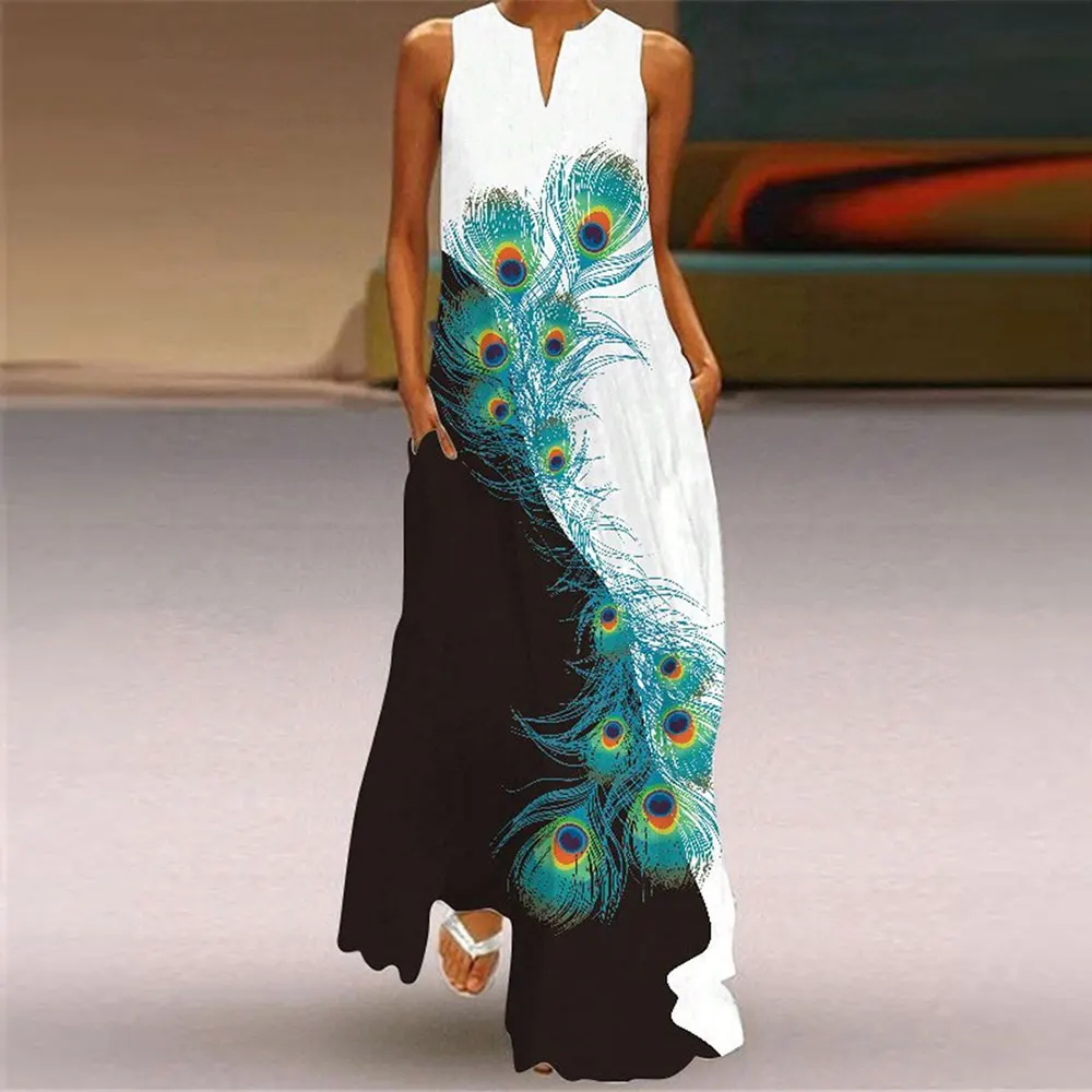 2024 Women’s Sleeveless Dresses Fashion & Versatile Ankle-Length Dresses V-neck Peacock Feather 3d Print Loose Long Skirt Summer