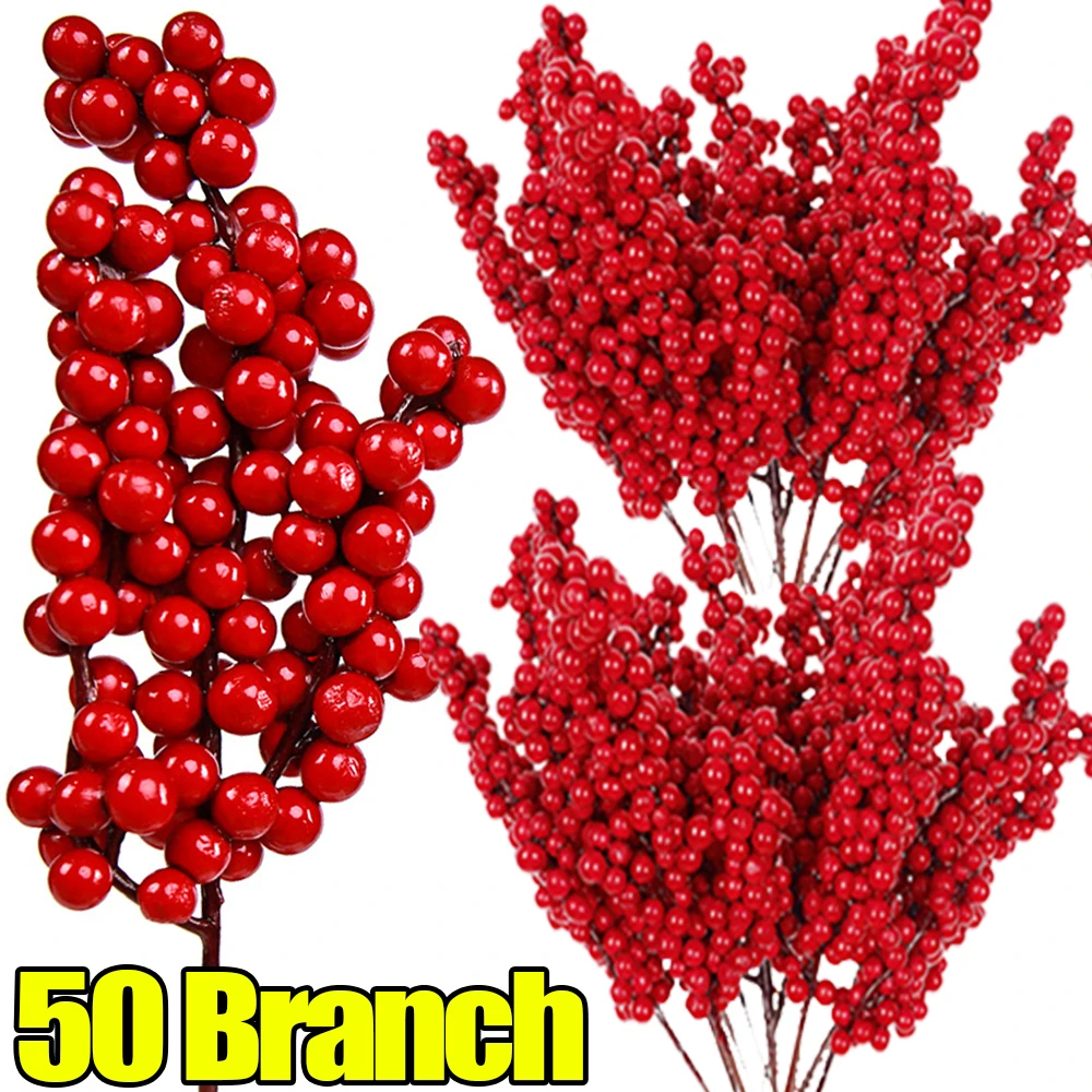 

50/1Branch Red Berries Stems DIY Artificial Foam Holly Berry Stamen Fake Plants Fruit Bouquet Wreath Christmas Party Home Decor