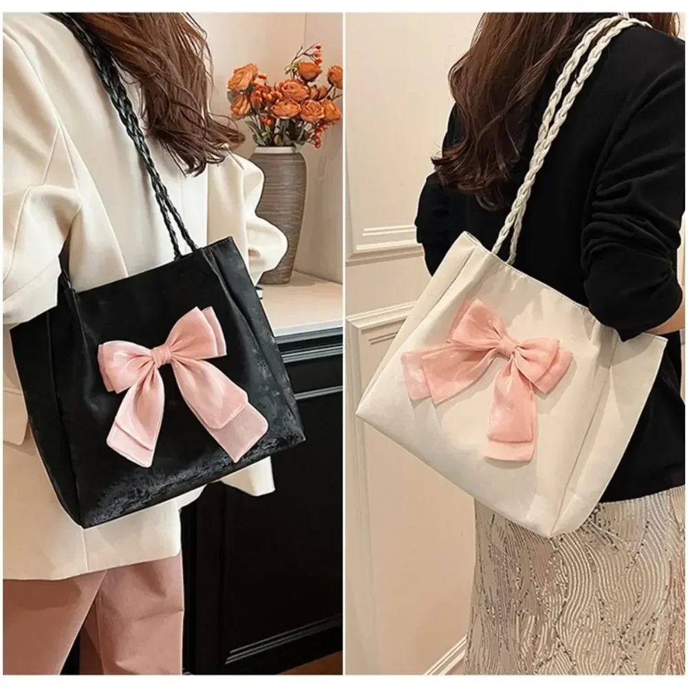 2024 New Cute Bowknot Fashion Shoulder Bag Ballet Style Solid Color Hand Bag Braid Strap Underarm Bag