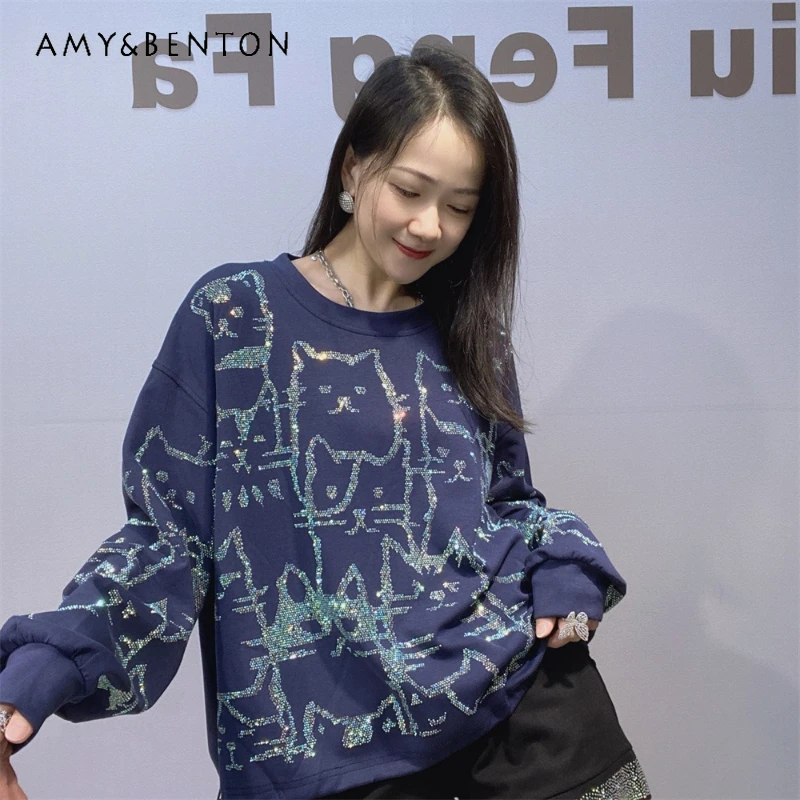 

Women's Rhinestone Short Round Neck Sweatshirts Autumn Winter New Fashion Versatile Loose Casual Long Sleeves Top Hoodies Jacket