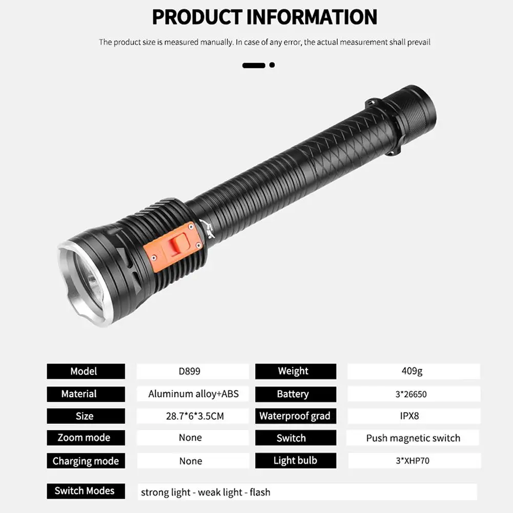 Linterna LED profesional de buceo, Luz fuerte, alto brillo, impermeable, doble propósito, 3 x XHP70, nuevo producto