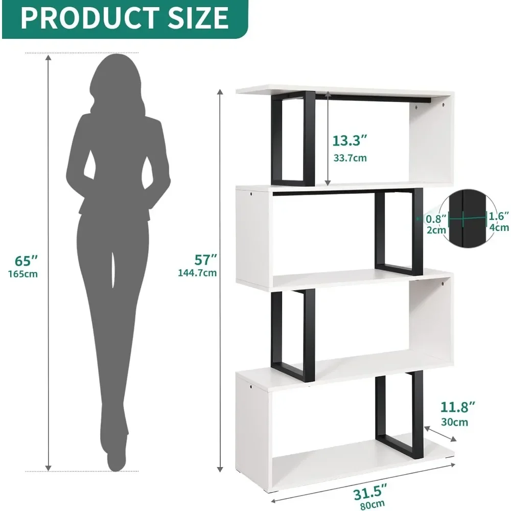 S-Shaped 5-Tier Bookshelf, Z-Shelf, Sturdy and Durable Construction, Stability and Safety, Easy To Assemble, Bookcase