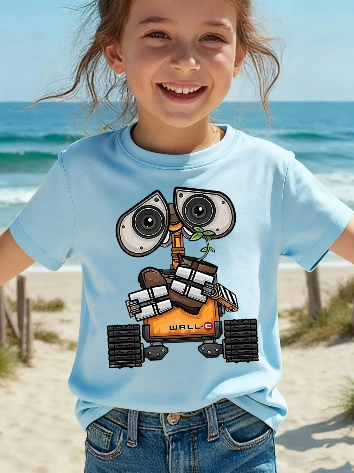 Cartoon WALL E Robot With Small Plant Pattern Printed Short Sleeve T Shirt Trendy Casual Outfit For Boys And Girls