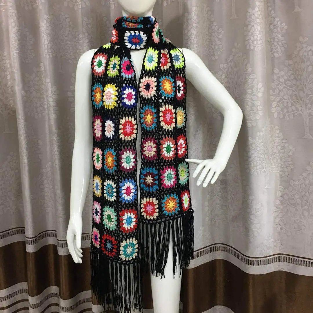 

Hand Made Crochet Scarfs Women Tassel Scarf Wraps 200*27cm Big Flower Scarves Autumn Winter Handmade Christmas Day Gift Scarves