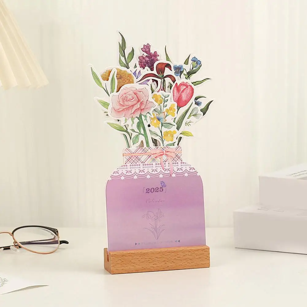 2025 Bloomy Flower Desk Calendar Creative Wooden Card Calendar High Quality Desktop Calendar Illustrator Decorate Supplies